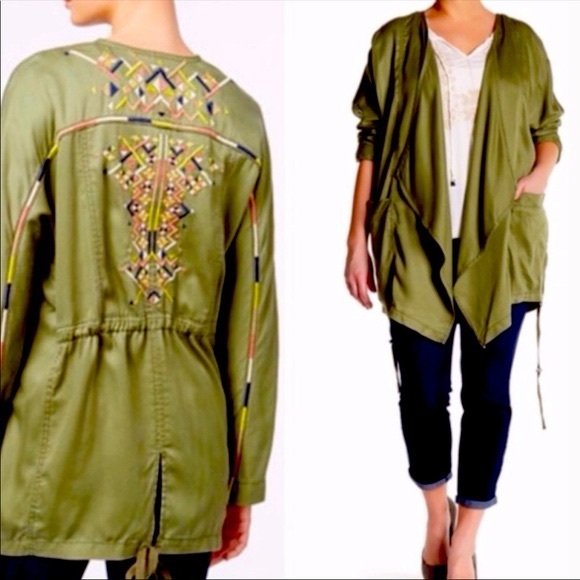 Jessica Simpson Blazer Finn Draped Embroidered Jacket Size Small Olive Lagenlook - Picture 11 of 11